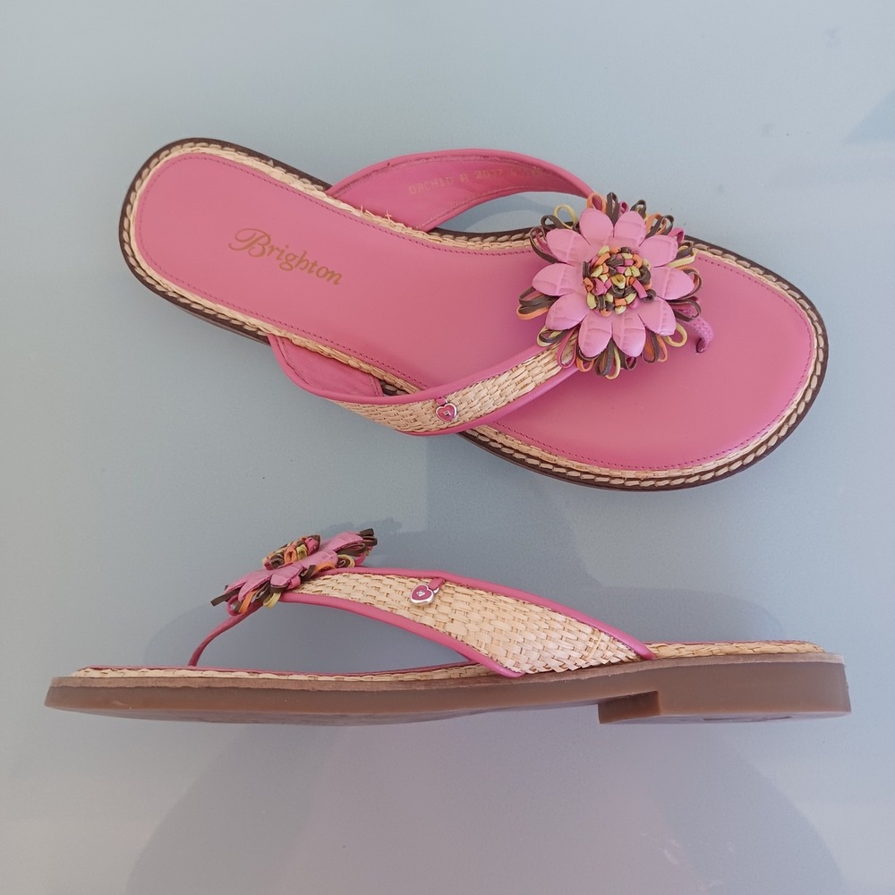 Brighton Orchid R Pink Leather Woven Straw Flower Flip Flop Sandals 9.5M 2037